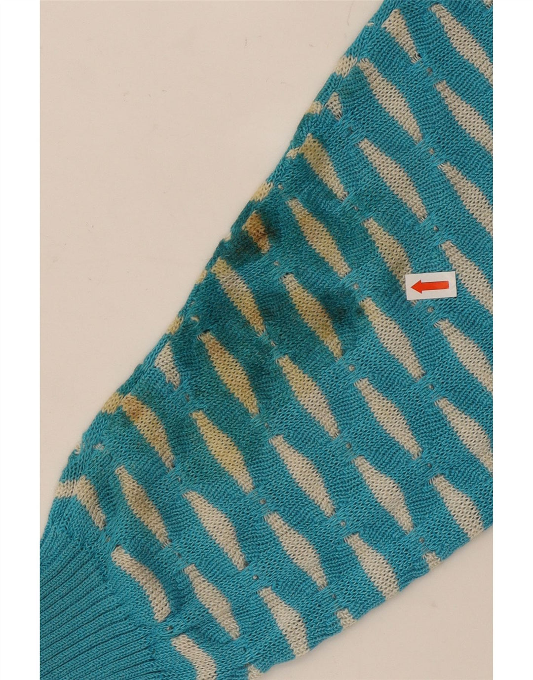 Suéter feminino VINTAGE com gola canoa Reino Unido 14 azul médio geométrico