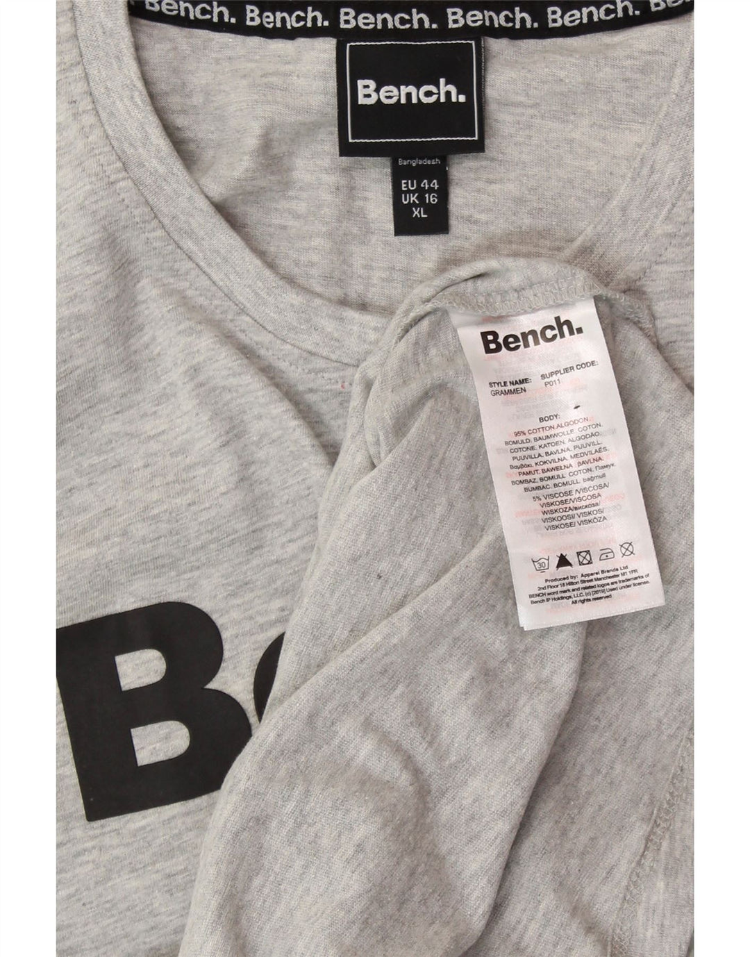 Camiseta feminina gráfica BENCH UK 16 grande algodão manchado cinza