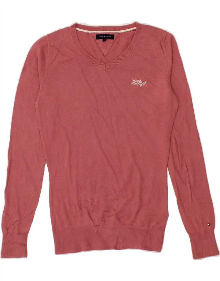 TOMMY HILFIGER Girls V-Neck Jumper Sweater 13-14 Years Pink Cotton Vintage Tommy Hilfiger and Second-Hand Tommy Hilfiger from Messina Hembry 