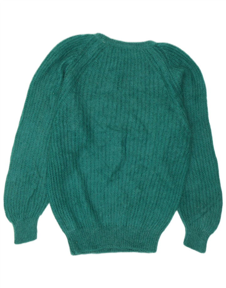 Suéter feminino vintage com gola canoa UK 14 azul médio