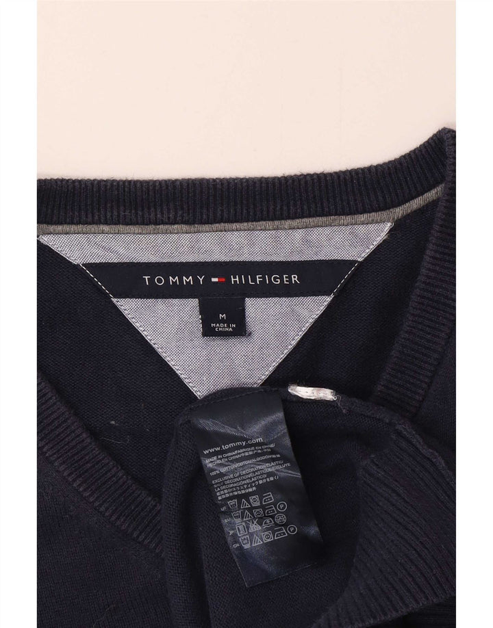 Tommy Hilfiger Suéter masculino com decote em V médio algodão azul marinho