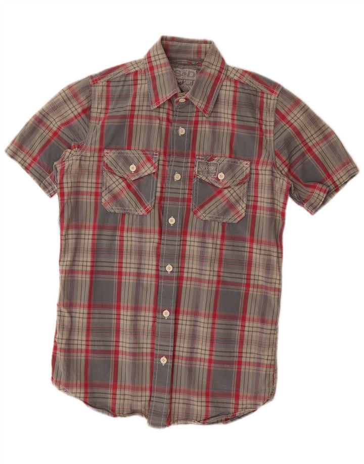 Camisa masculina Superdry de manga curta pequena cinza xadrez algodão