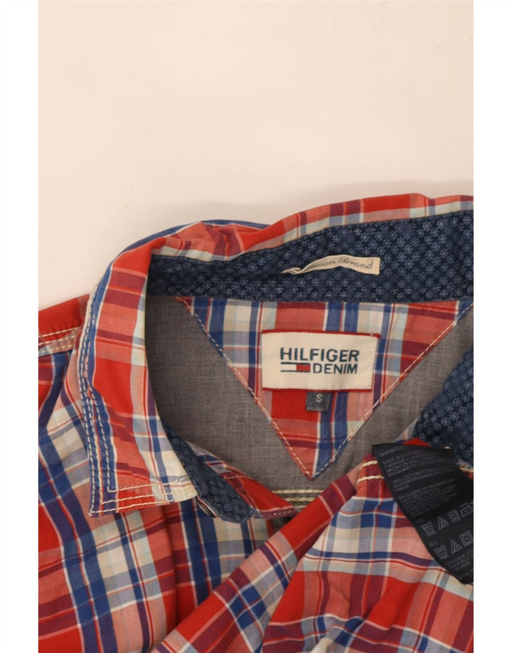 Camisa masculina Tommy Hilfiger pequena xadrez vermelha de algodão
