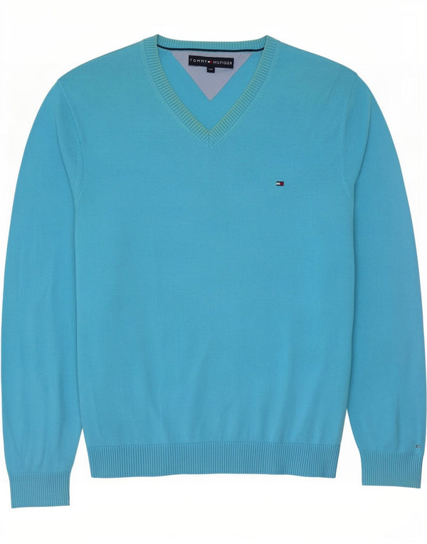 Tommy Hilfiger Mens V-Neck Jumper Sweater Large Blue Cotton