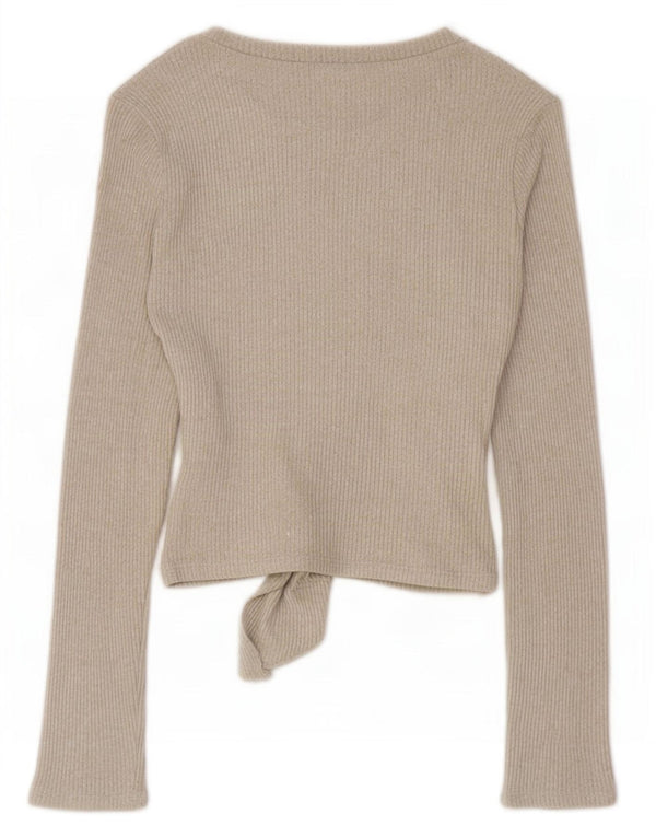 Zara Top feminino com amarração frontal e manga comprida UK 10 Viscose bege pequeno