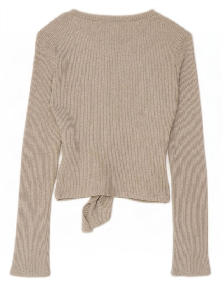 Zara Top feminino com amarração frontal e manga comprida UK 10 Viscose bege pequeno