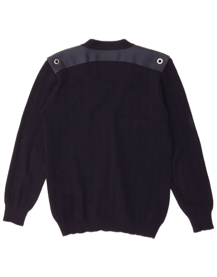 Suéter cardigã masculino vintage médio azul marinho lã colorblock