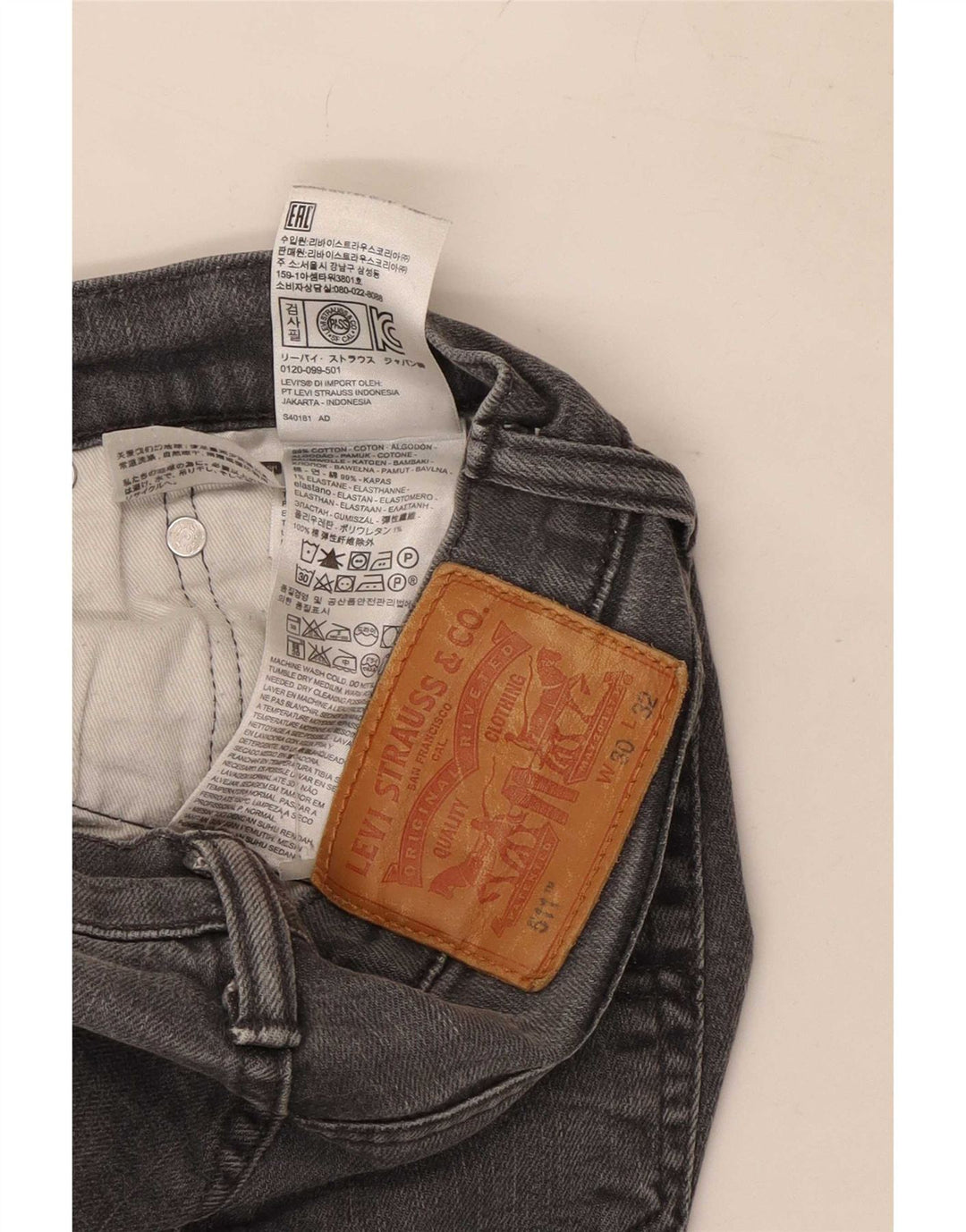 Levi's Mens 511 Slim Jeans W30 L32 Algodão Cinza
