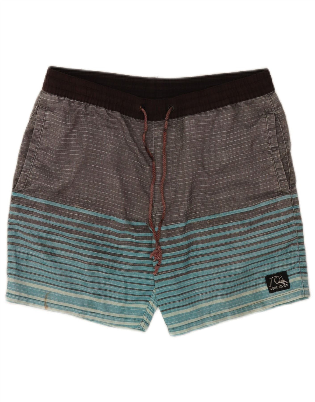Quiksilver Shorts de natação masculino pequeno W29 L7 poliéster listrado cinza