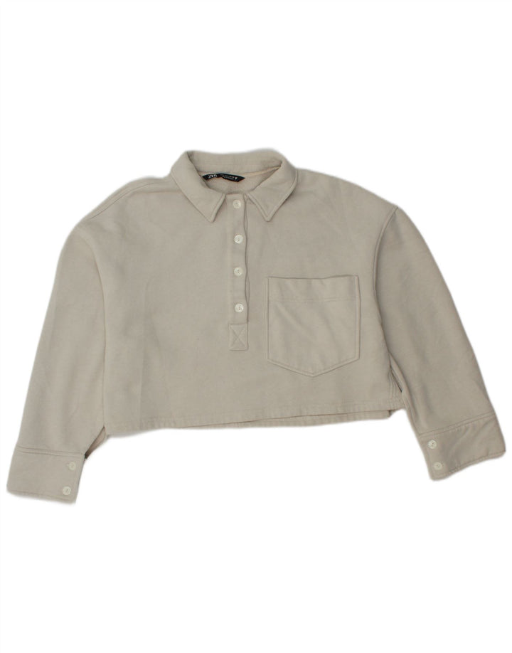 Moletom feminino Zara com gola polo e gola alta, Reino Unido 16, grande, branco, poliéster