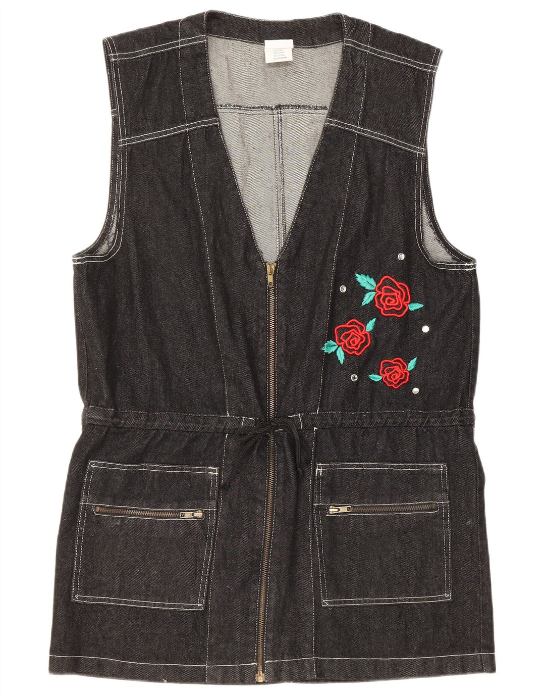 Colete jeans feminino vintage gráfico longline IT 44 médio preto floral