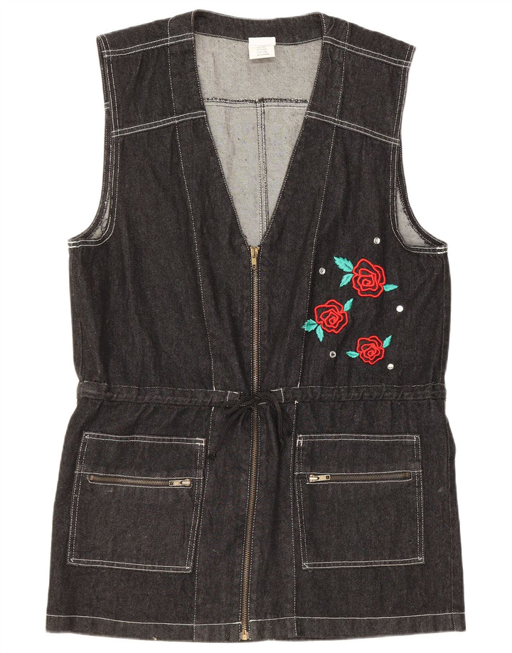 Colete jeans feminino vintage gráfico longline IT 44 médio preto floral