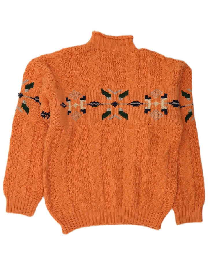 Suéter vintage masculino com gola tartaruga e lã grande laranja Fair Isle