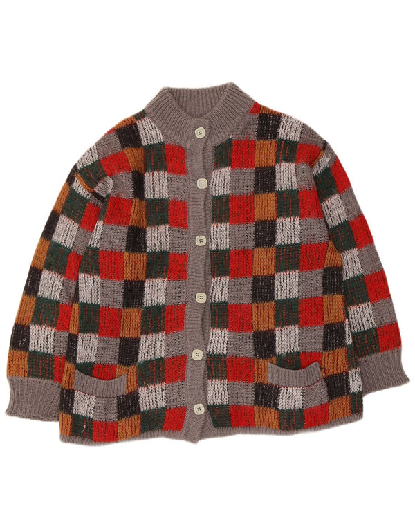 Suéter de cardigã de grandes dimensões feminino vintage Reino Unido 16 grande xadrez multicolorido