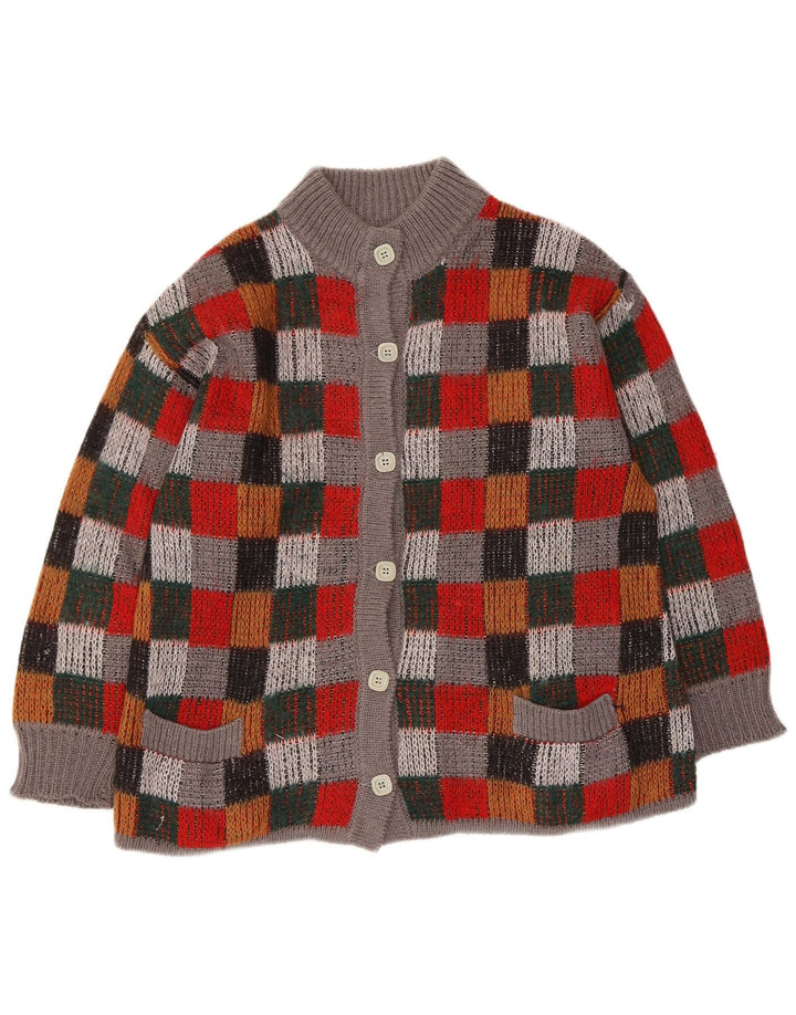 Suéter de cardigã de grandes dimensões feminino vintage Reino Unido 16 grande xadrez multicolorido