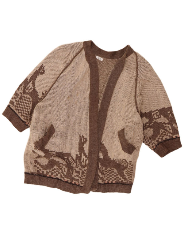 Suéter cardigã aberto com padrão abstrato feminino vintage Reino Unido 20 2XL marrom