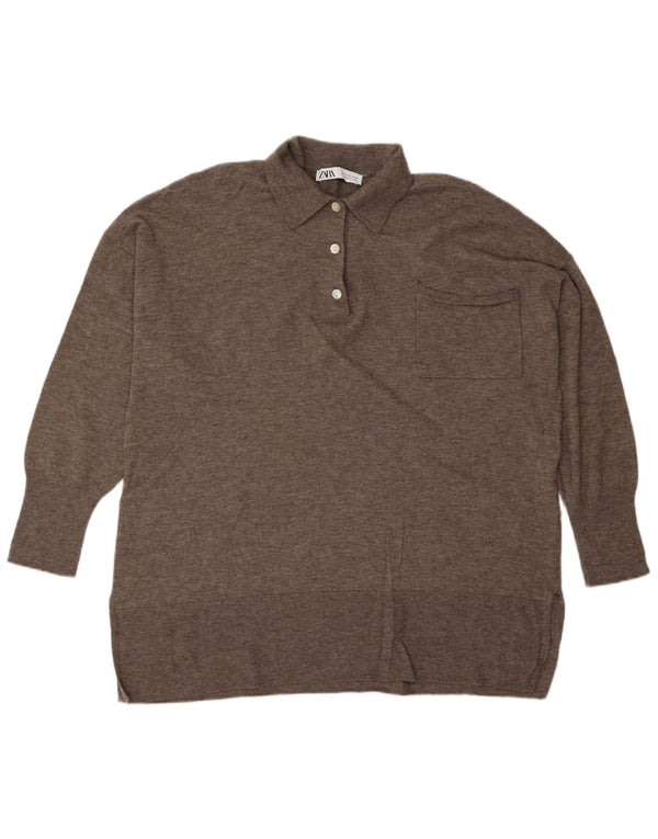 Suéter feminino ZARA com gola polo e lã marrom médio