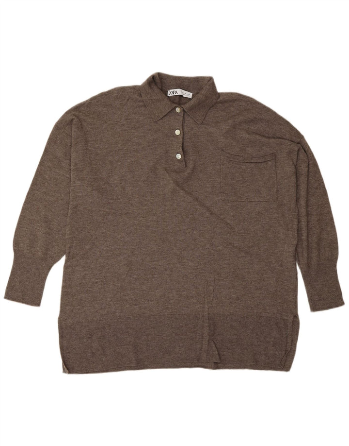 Suéter feminino ZARA com gola polo e lã marrom médio