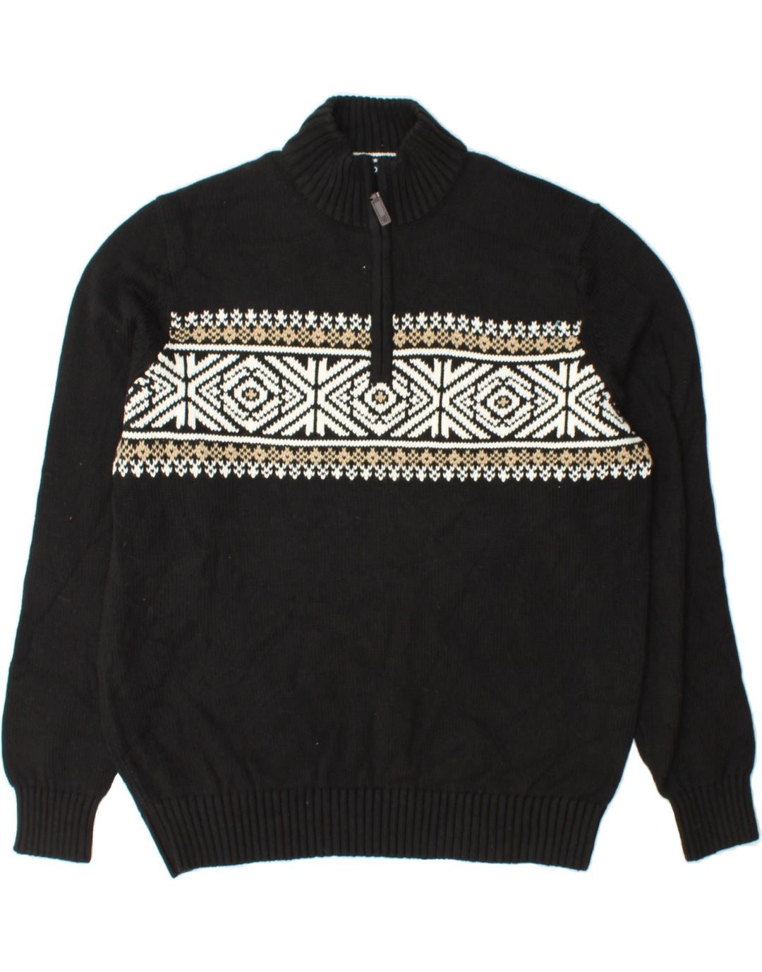IZOD Mens Zip Neck Jumper Sweater Medium Black Fair Isle Cotton Vintage Izod and Second-Hand Izod from Messina Hembry 