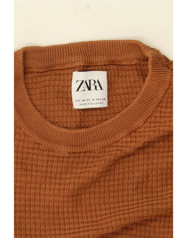 Zara Suéter masculino de manga curta com gola redonda marrom médio