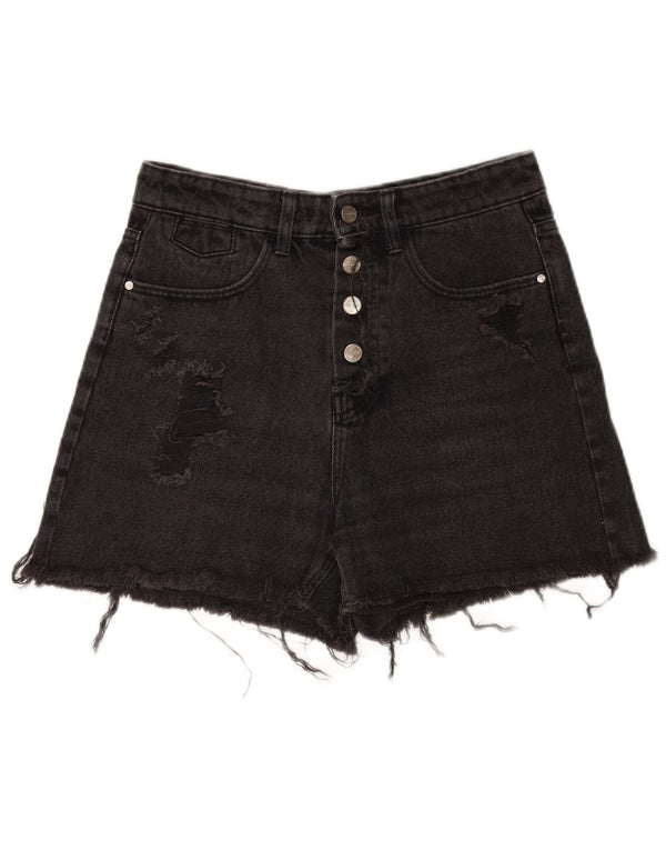 Zara Shorts jeans feminino desgastado UE 36 XS W26 algodão preto
