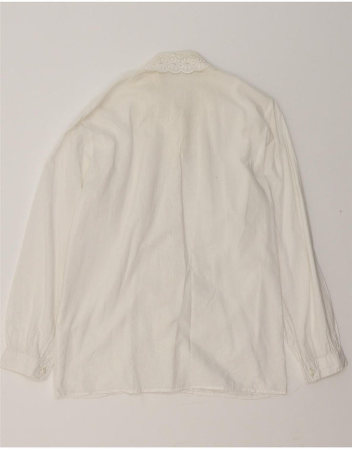 Blusa feminina VINTAGE com babados na frente Reino Unido 14 médio branco floral