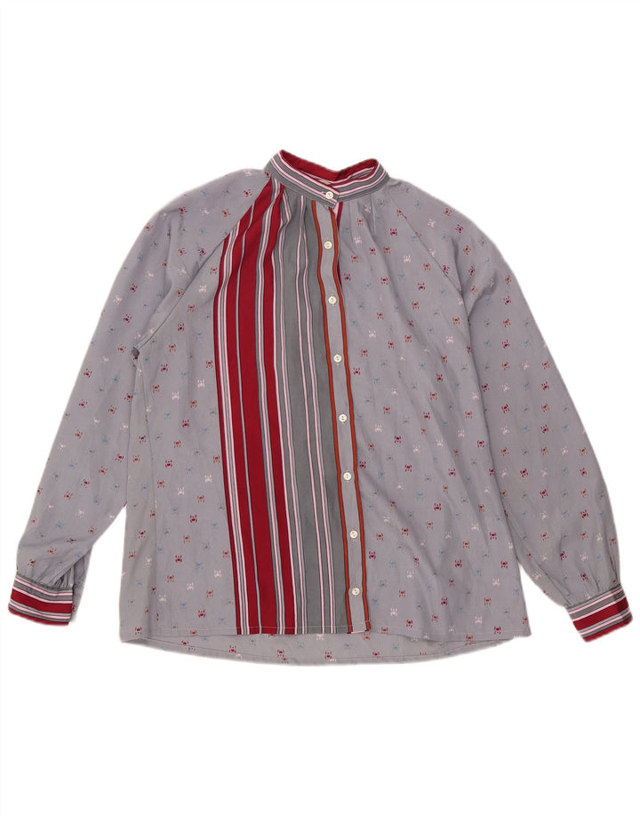 Blusa feminina vintage de manga comprida UK 16 poliéster listrado cinza grande