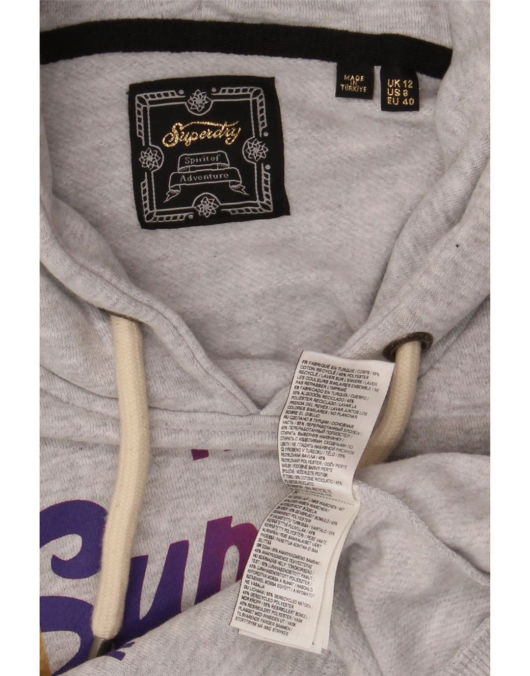 Jumper feminino com capuz gráfico SUPERDRY UK 12 algodão cinza médio