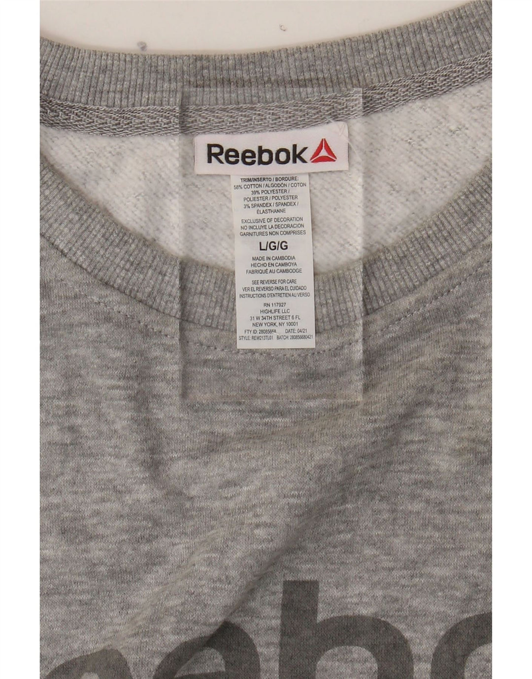 REEBOK Womens Graphic Sweatshirt Jumper UK 16 Large Grey Cotton Vintage Reebok and Second-Hand Reebok from Messina Hembry 