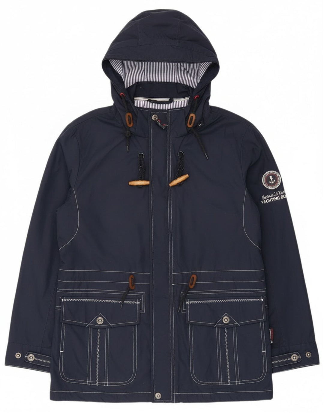 Jaqueta de chuva feminina vintage com capuz gráfico UK 12 poliéster azul marinho médio