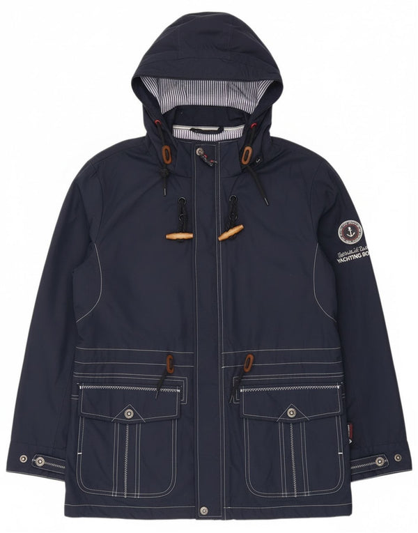Jaqueta de chuva feminina vintage com capuz gráfico UK 12 poliéster azul marinho médio