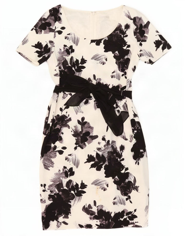 Vestido bainha feminino Jacques Vert Reino Unido 14 grande poliéster floral branco