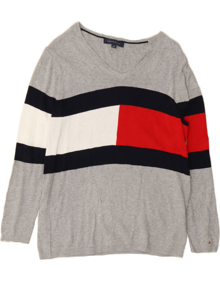 TOMMY HILFIGER Mens V-Neck Jumper Sweater Large Grey Colourblock Cotton Vintage Tommy Hilfiger and Second-Hand Tommy Hilfiger from Messina Hembry 