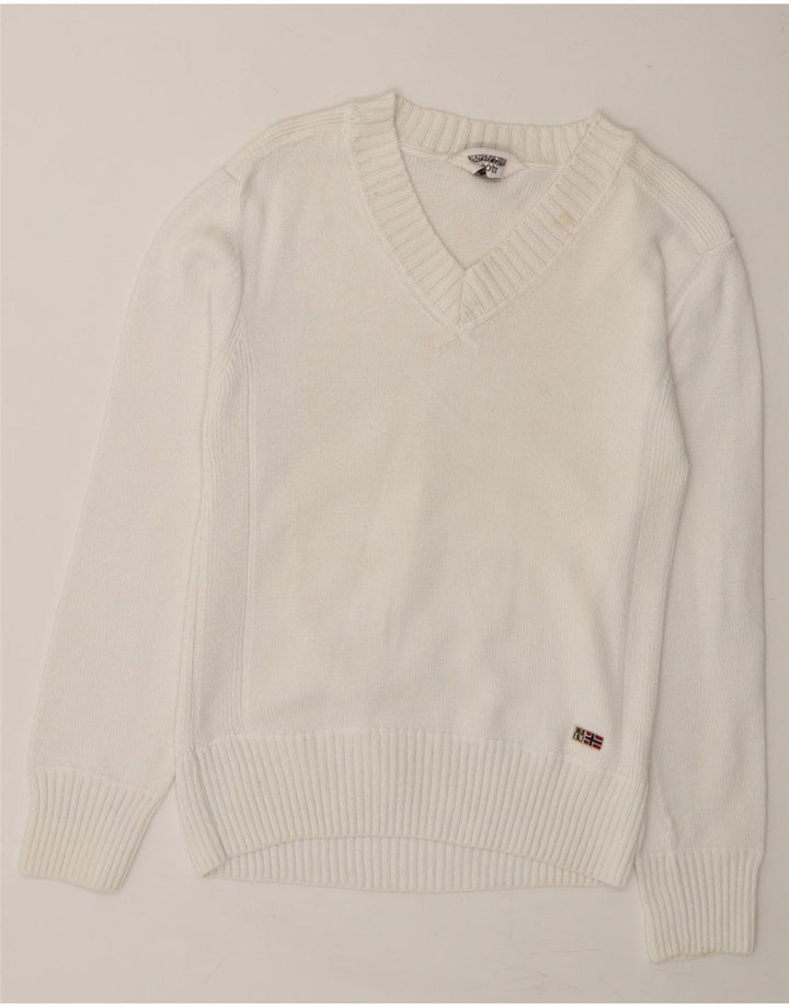 NAPAPIJRI Womens V-Neck Jumper Sweater UK 18 XL White Cotton Vintage Napapijri and Second-Hand Napapijri from Messina Hembry 