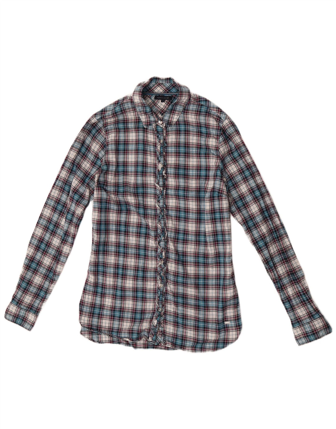 Blusa feminina Tommy Hilfiger com babados na frente EUA 6 xadrez azul médio
