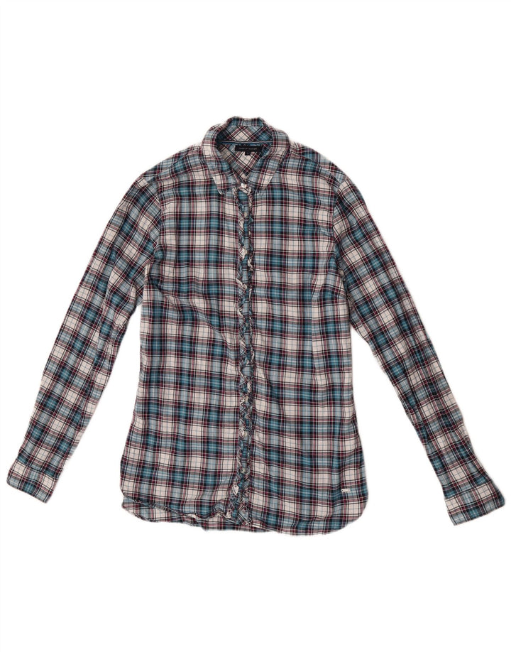 Blusa feminina Tommy Hilfiger com babados na frente EUA 6 xadrez azul médio