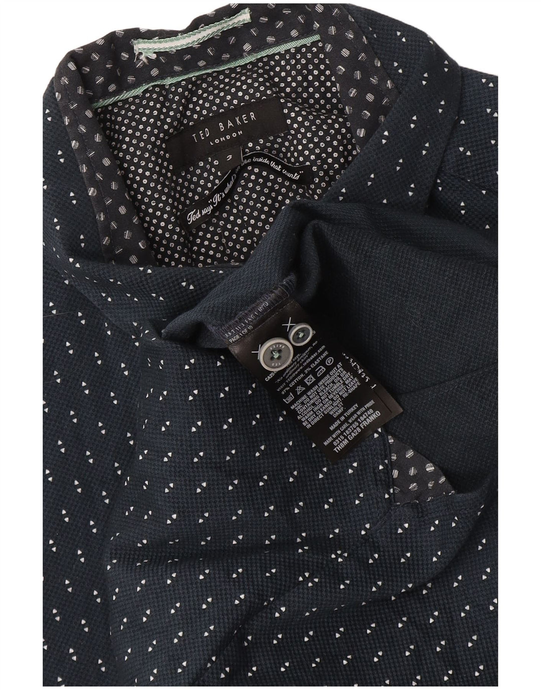 Camisa masculina de manga curta Ted Baker tamanho 3 algodão geométrico azul marinho médio