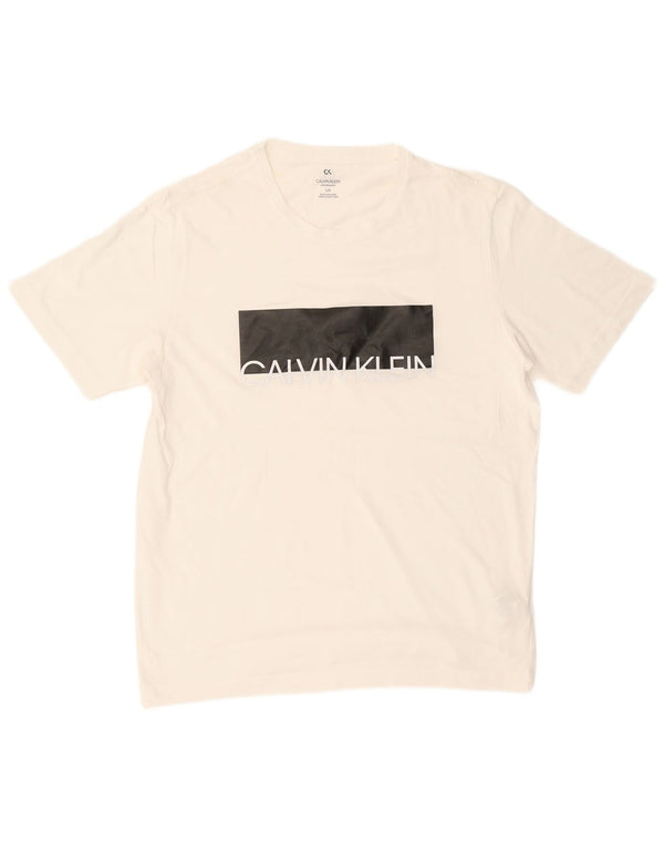 CALVIN KLEIN Mens Graphic T-Shirt Top Large White Colourblock Cotton