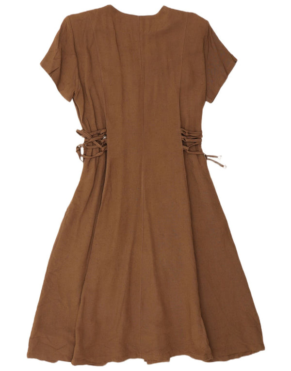 Vestido vintage feminino evasê UK 14 viscose geométrica marrom médio