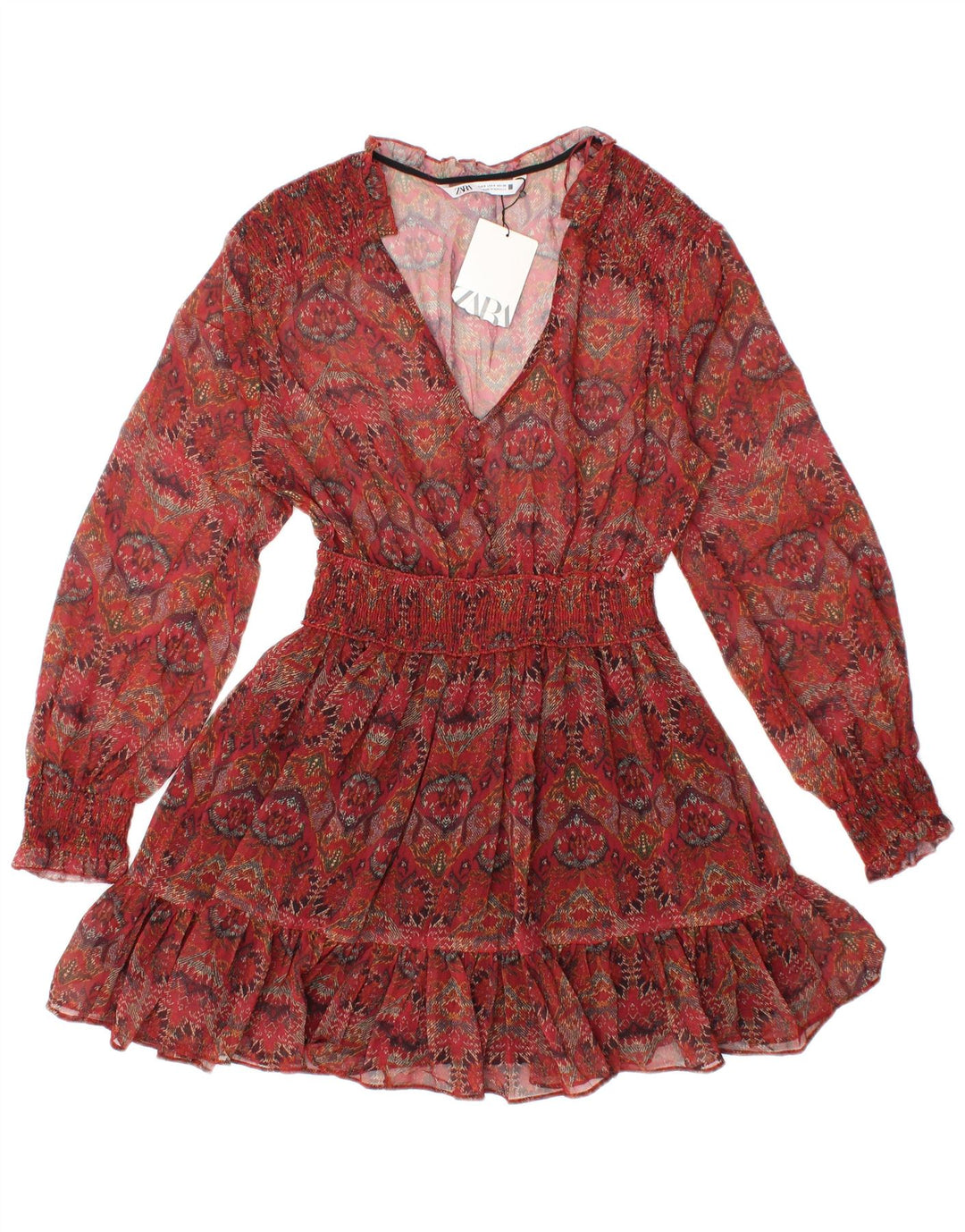 Túnica feminina transparente de manga comprida ZARA UK 8 pequena floral vermelha