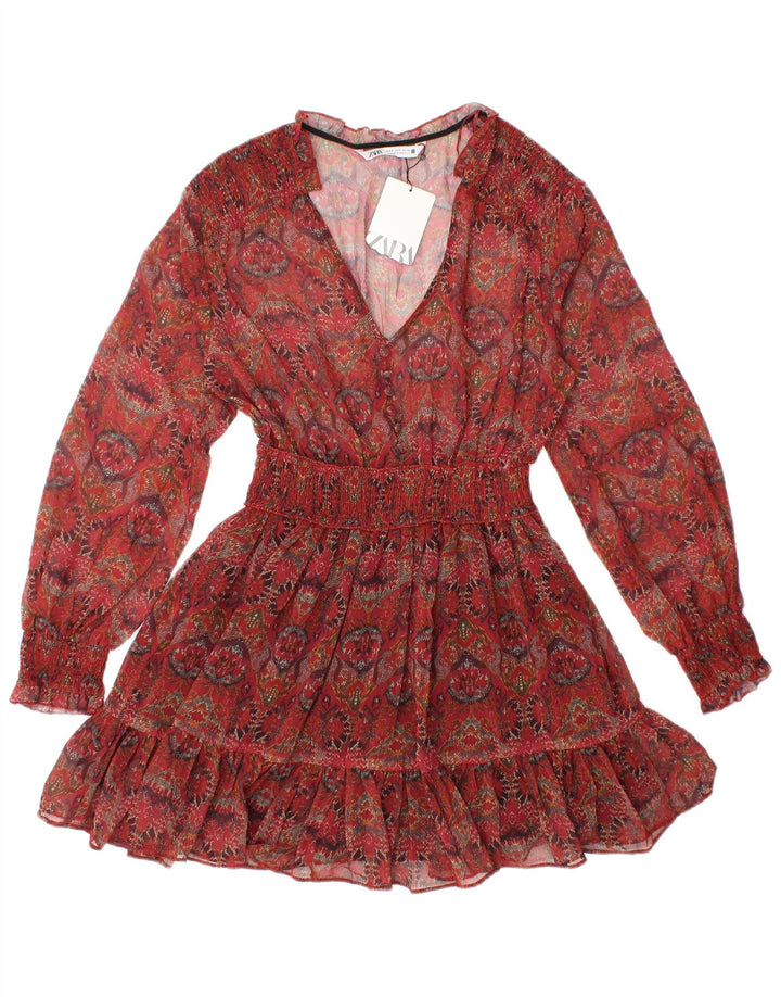 Túnica feminina transparente de manga comprida ZARA UK 8 pequena floral vermelha