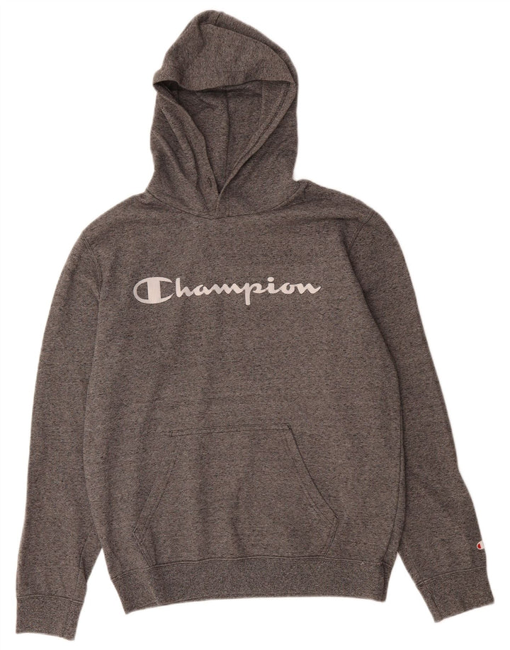CHAMPION Suéter com capuz gráfico masculino cinza médio