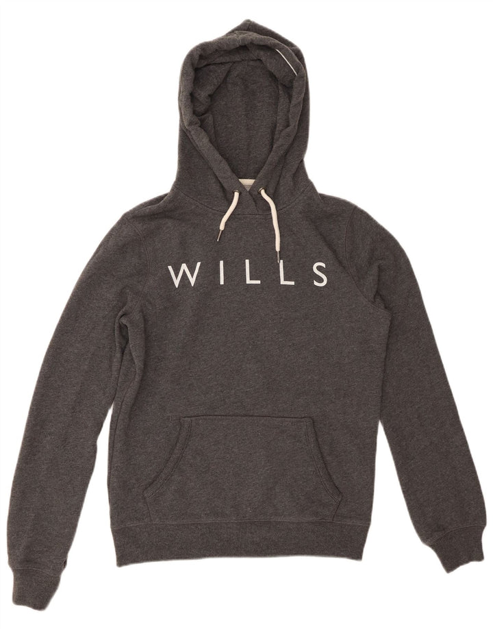 JACK WILLS Suéter feminino com capuz grande e gráfico Reino Unido 8 pequeno algodão cinza