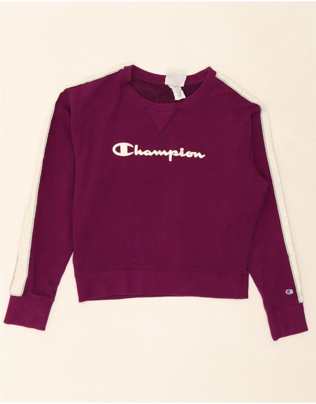 CHAMPION Womens Graphic Crop Sweatshirt Jumper UK 14 Medium Purple Cotton Vintage Champion and Second-Hand Champion from Messina Hembry 