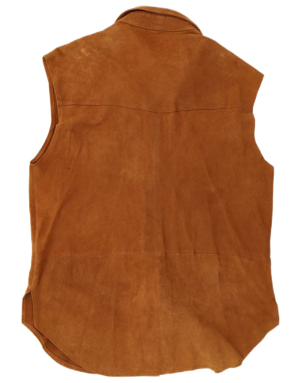 Camisa feminina vintage de camurça sem mangas Reino Unido 16 grande couro marrom