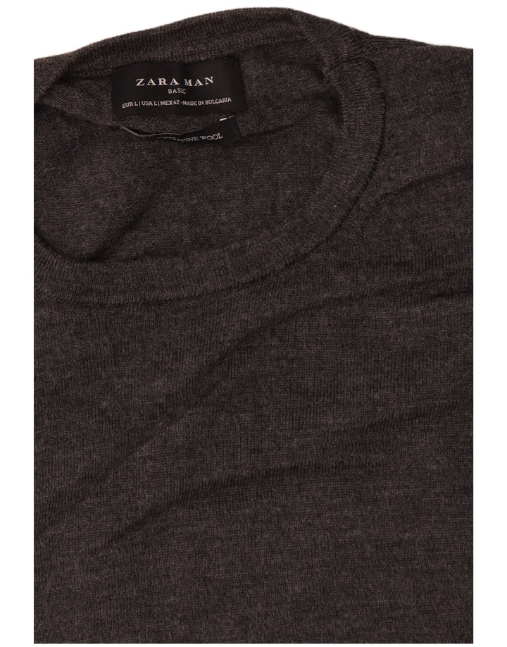 Zara Suéter masculino com gola redonda, grande lã cinza