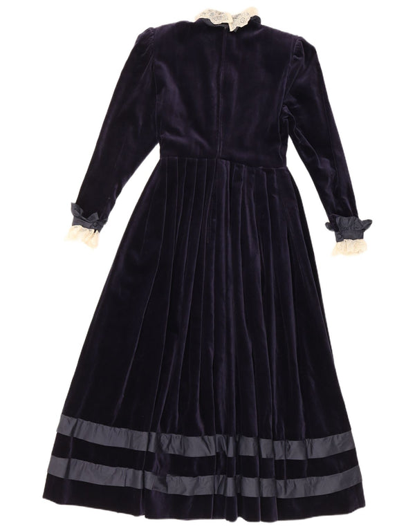 Vestido maxi feminino vintage de manga comprida de veludo Reino Unido 8 pequeno azul marinho floral