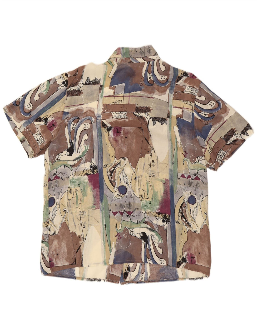 Camisa feminina vintage de manga curta com padrão abstrato grande multicolorida