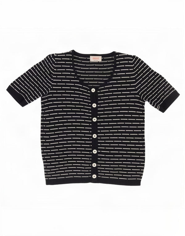 Suéter cardigã feminino vintage de manga curta UK 14 listrado azul marinho médio