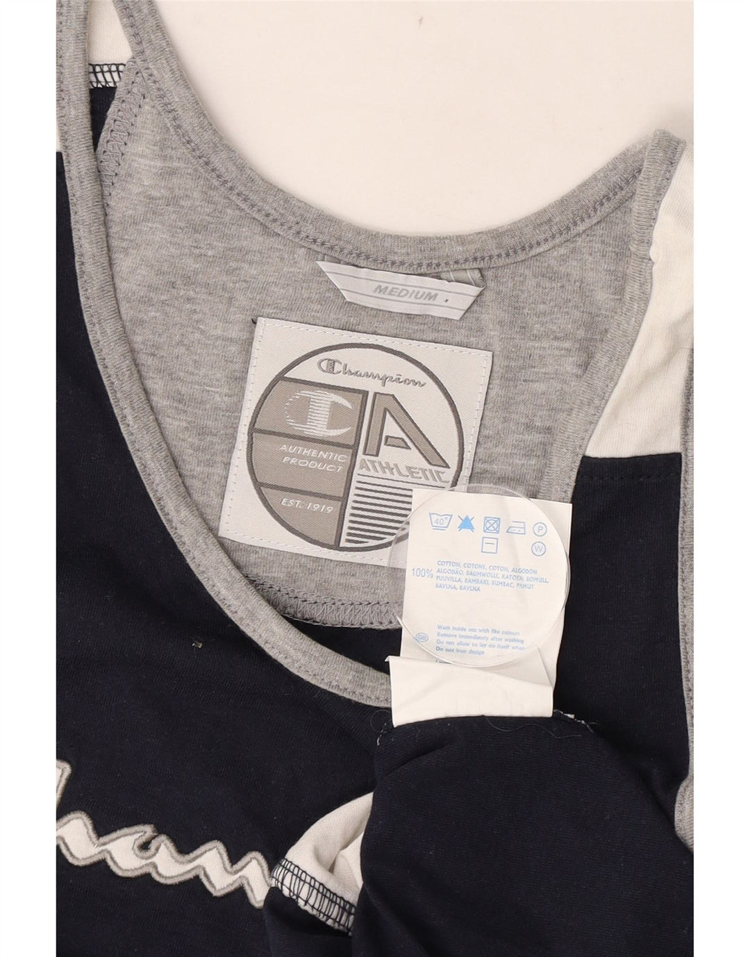 Colete gráfico masculino Champion Top médio azul marinho de algodão colorblock